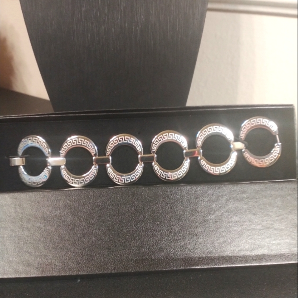 New QVC 316L Stainless Steel Greek Key Silver Tone Bracelet Firm Price